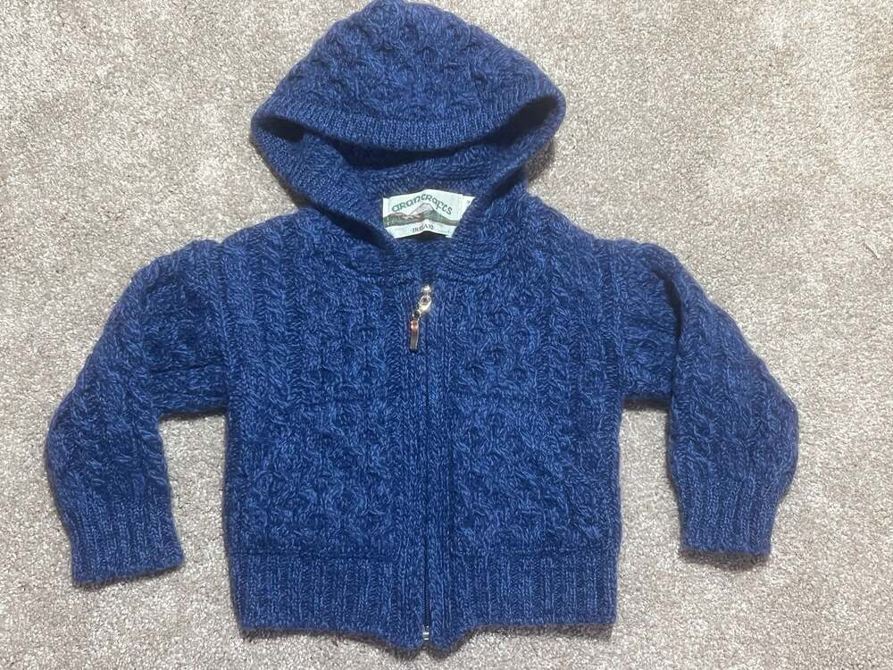 Aran Crafts Children's Irish Cable Knit Merino Wool Hooded Zip Cardigan, Blue